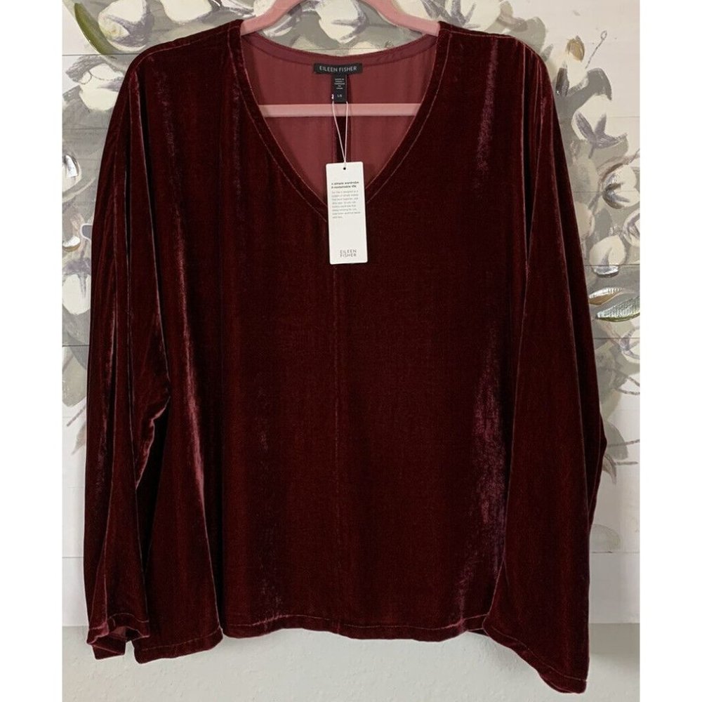 Eileen Fisher Women's Medium M Deep Claret Velvet V Neck Top Dolman Sleeve